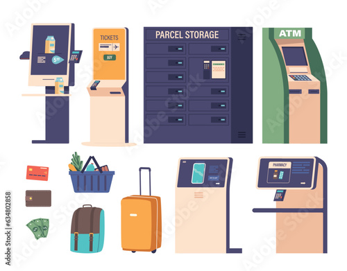 Self-service Terminals and Items Isolated Icons Set. Digital Electronic Devices for Buying Goods, or Tickets