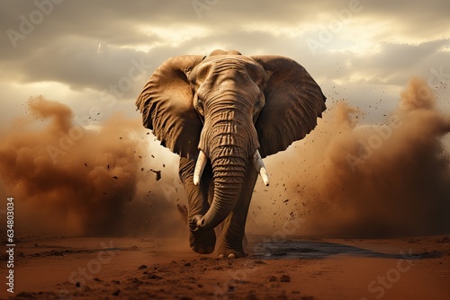 éléphant qui coure dans tempête de sable