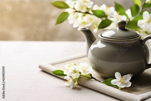 Green tea with jasmine flower and white ceramic teapot.Generative Ai.