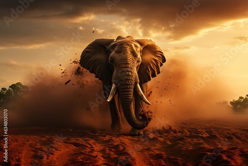 éléphant qui coure dans tempête de sable