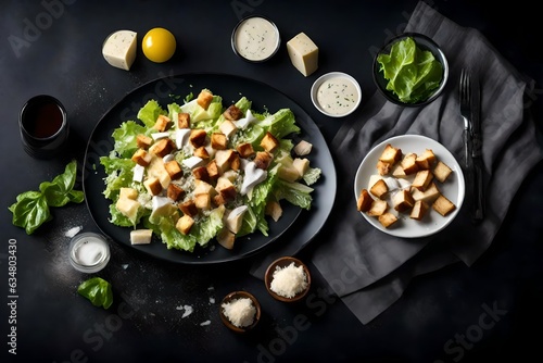 Classic Caesar salad with chicken, iceberg salad, croutons, parmesan cheese and caesar dressing