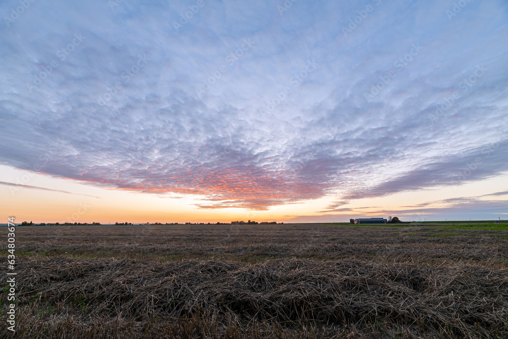 Colorful altocumulus clouds over a wide landscape during sunset