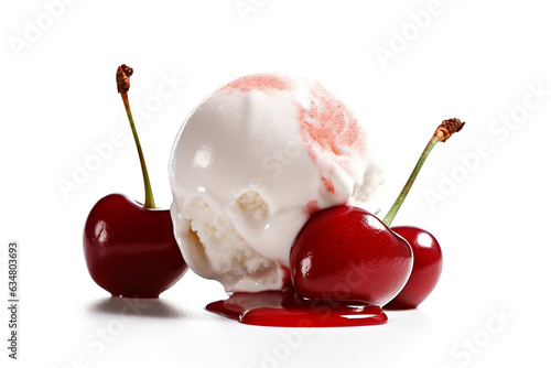 Vanilla ice cream with cherry syrup isolated on white background.Generative Ai. photo