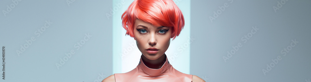 Hübsche Frau mit gefärbten Haar mit modernster Frisur und edlen Visagistik Make up als Poster Nahaufnahme Querformat, ai generativ