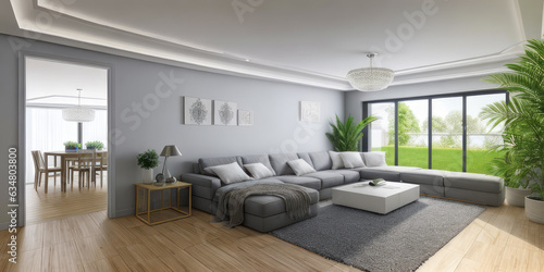 Photorealistic luxurious modern living room indoor interior with plants decor display