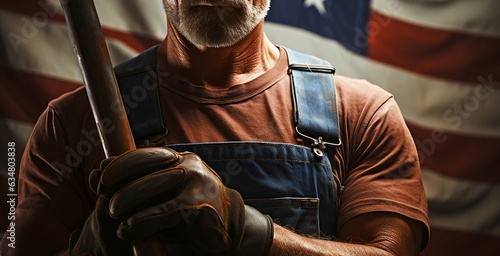 Work Ethic Unveiled, American Laborer's Hand Grasping the Tools with the american flag in the background. Generative AI
