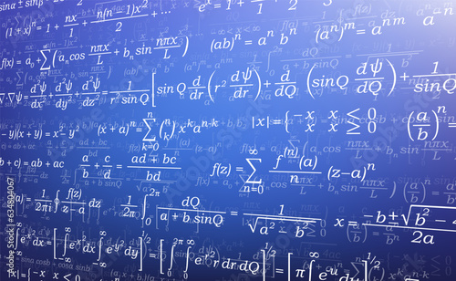 Background for a presentation on mathematics. Formulas in mathematics. Abstract vector illustration of a set of mathematical formulas arranged in an isometry on blue.