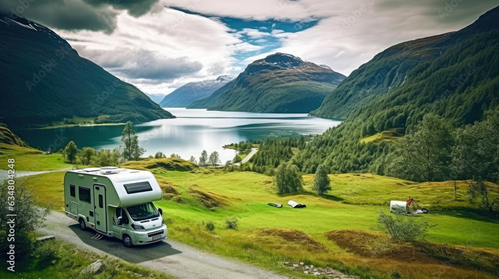 Modern motorhome driving on road, lake and mountains in background. Generative AI