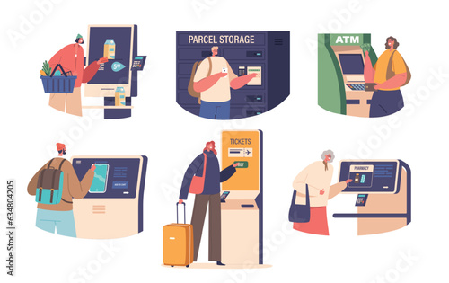 Characters Use Terminals, Electronic Devices Used For Transactions, Communication, Data Processing, Vector Illustration