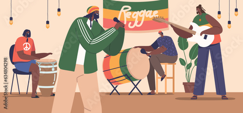Vibrant Reggae Musicians Captivate The Crowd On Stage. Artist Characters Swaying To The Rhythm, Delivering Melodies
