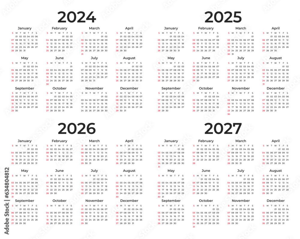 Monthly calendar template for 2024, 2025,2026 and 2027 years. Week
