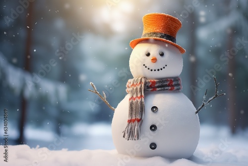 Charming smiling snowman in a hat and scarf. Portrait.