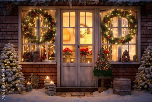 Street, city windows with Christmas lights, wreaths, Christmas trees with garlands on Christmas eve.