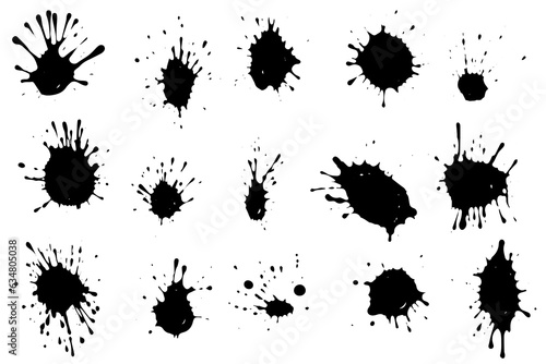 Vector set of ink splashes. Black inked splatter dirt stain splattered spray splash with drops blots isolated.