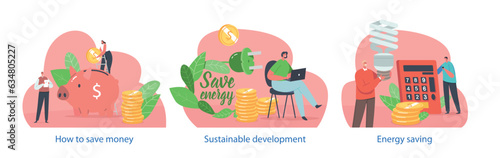 Isolated Elements With Characters Perform Energy Saving, Refers To Using Less Energy To Perform Tasks, Reducing Costs