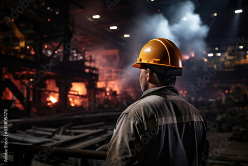 Worker In The Background Steel Mill. Steel Mill Working Conditions, Steel Mill Safety Regulations, Steel Mill Production Processes, Steel Mill Employees Experiences, Steel Mill Environmental Impact © Anastasiia