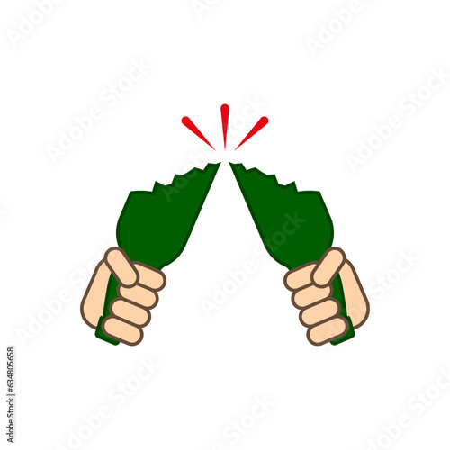 Two hands hold broken bottles in fists. Conflict aggressive dangerous situation and fight. Quarrel and drunken fight.