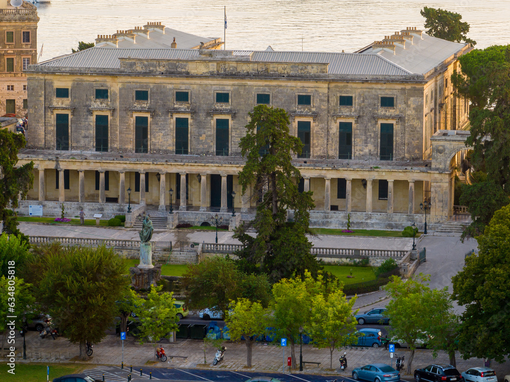 Aerial summer view of Statue of Sir Frederick Adam in front of the Palace of St. Michael and St. George in Corfu City on the island of Corfu, Greece.