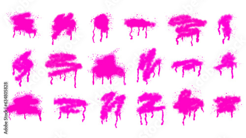 Set of pink-violet ink stains painted with aerosol spray with drops and smudges. Collection of graffiti, street art, stencil, template. Street style. Vector isolated on white.