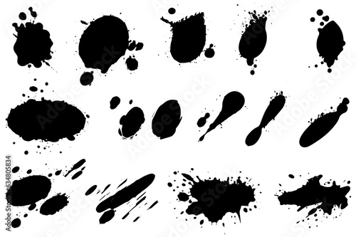Vector set of ink splashes. Black inked splatter dirt stain splattered spray splash with drops blots isolated.