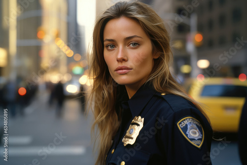 Fototapeta Policewoman's Intense Gaze on New York Street