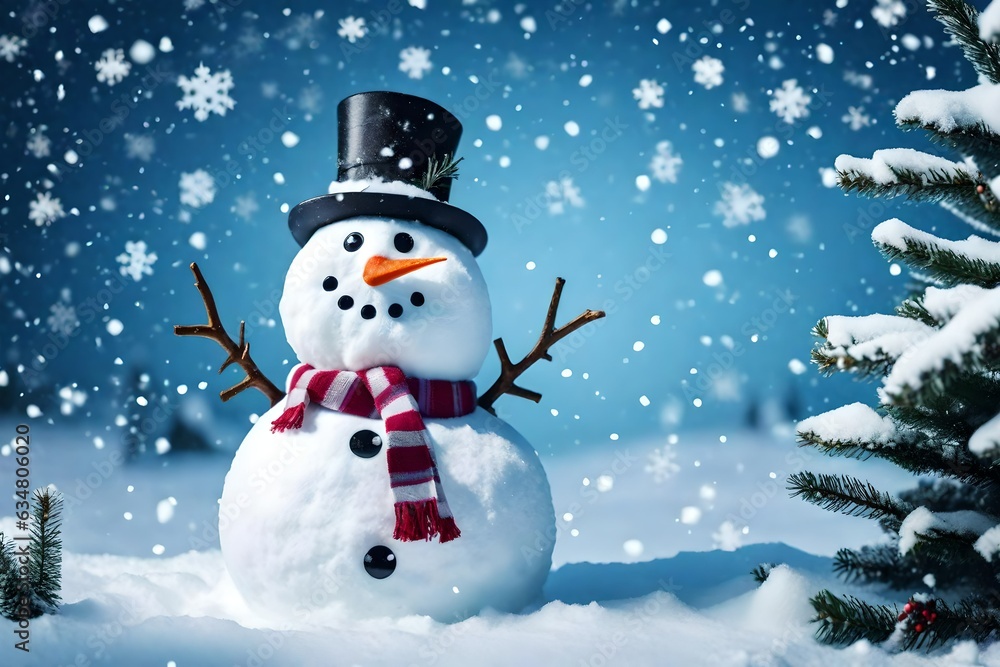 Cute Snowman with snow and tree in winter season on a isolated background