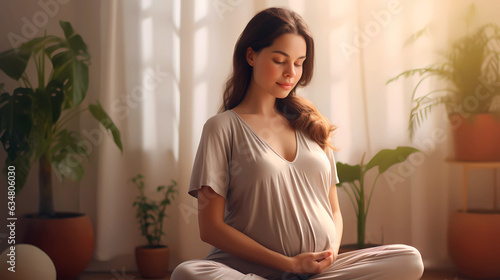 young pregnant woman meditating at minimalist home with eyes closed