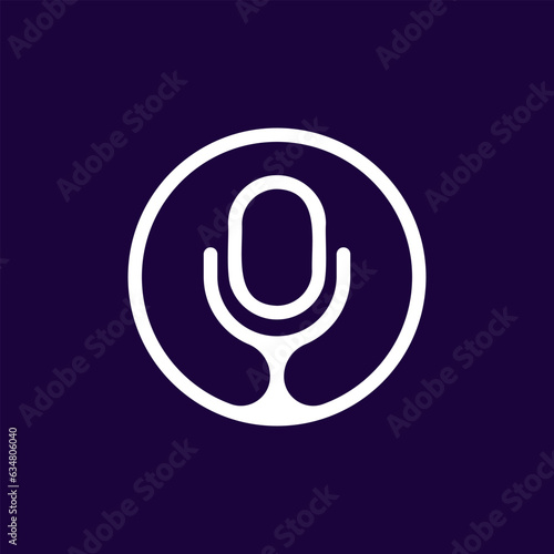 Microphone in an empty circle. White outline and linear Vector template and design in minimal simple flat style on dark background. 