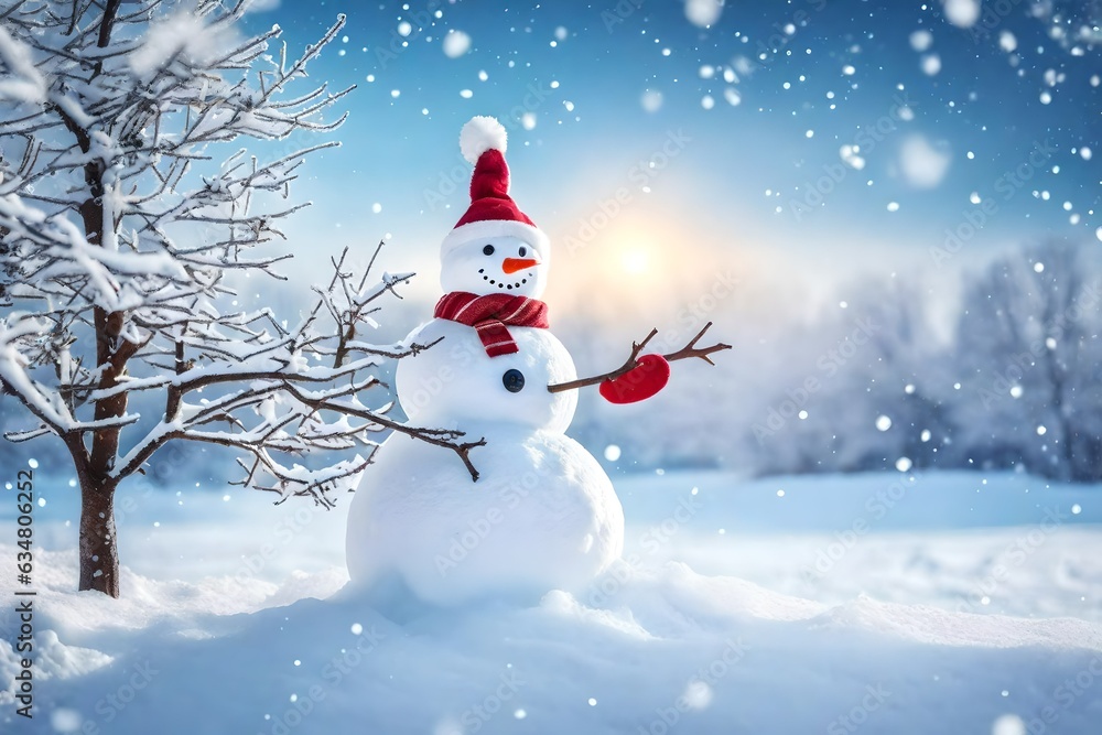 Cute Snowman with snow and tree in winter season on a isolated background Cute Snowman with snow and tree in winter season on a isolated background