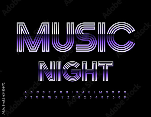 Vector modern Banner Music Night. Metallic maze Font. Trendy Alphabet Letters, Numbers and Symbols