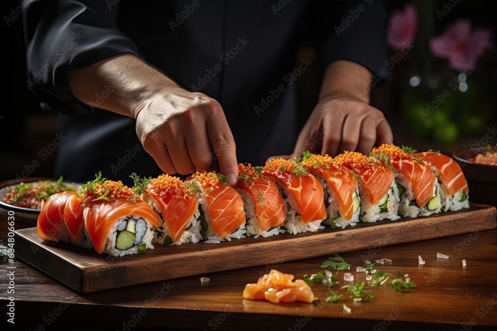 Les mains d'un chef cuisinier préparant des rouleaux de Sushi maki et les arrangeant et les décorant pour un concept de restaurants chinois ou japonais. IA générative - obrazy, fototapety, plakaty 