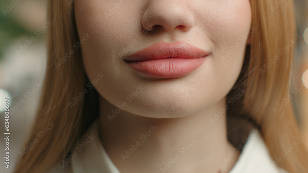 Close up lower half part face unrecognizable female full plumped lips sexy girl woman with healthy perfect smooth skin make-up lipstick medical beauty injection healthcare facial lady smile macro view Close up lower half part face unrecognizable female full plumped lips sexy girl woman with healthy perfect smooth skin make-up lipstick medical beauty injection healthcare facial lady smile macro view