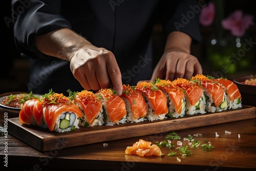 Les mains d'un chef cuisinier préparant des rouleaux de Sushi maki et les arrangeant et les décorant pour un concept de restaurants chinois ou japonais. IA générative