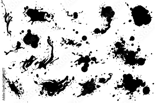 Vector set of ink splashes. Black inked splatter dirt stain splattered spray splash with drops blots isolated.