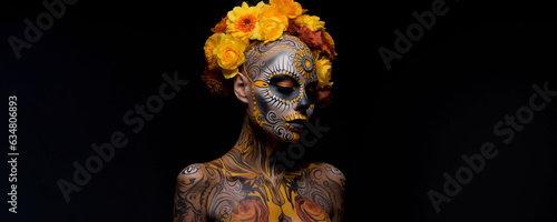 Frau Gesicht als Totenkopf mit Bodypainting bemalt Kopfschmuck mit Sonenblumen spanische Religion für Dia de los Muertos Querformat, ai generativ