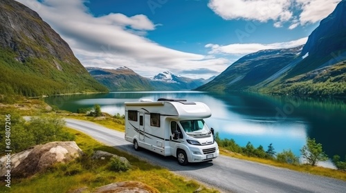 Modern motorhome driving on road, lake and mountains in background. Generative AI