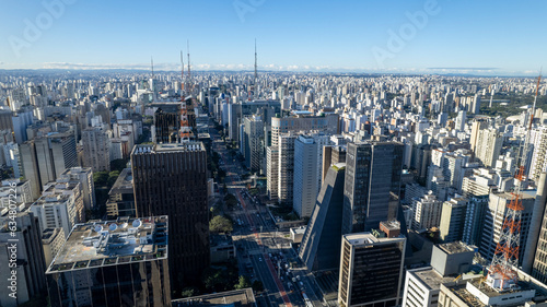 Aerial view of Av. Paulista in S  o Paulo  SP. Main avenue of the capital. Commercial and residential buildings.