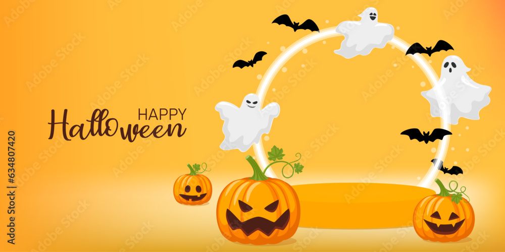 Happy Halloween. Halloween concept with bats, pumpkin, moon ghost and stage podium on orange background. Vector illustration design template for banner or poster.
