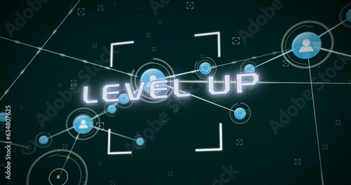 Wallpaper Mural Animation of network of connections and scope over level up text banner against green background Torontodigital.ca