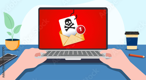 Phishing email, cyber criminals, hackers, phishing email to steal personal data, hacked laptop, malware, infected email, Scene of a person working on a laptop with an infected email on the screen	
 photo