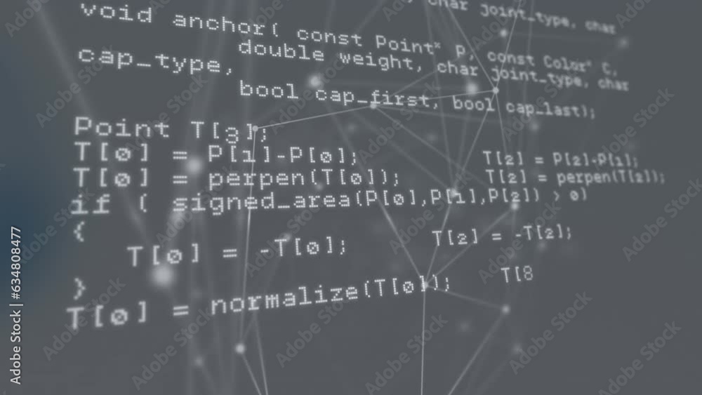 Animation of computer language and dots connected with lines over gray background Animation of computer language and dots connected with lines over gray background