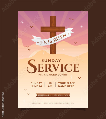 Sunday service church flyer event poster design template. Suitable for social media invitation, flyer, sticker, poster, banner, card, label, cover, web. Vector illustration.