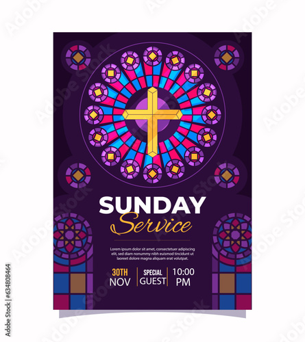Sunday service church flyer event poster design template. Suitable for social media invitation, flyer, sticker, poster, banner, card, label, cover, web. Vector illustration.