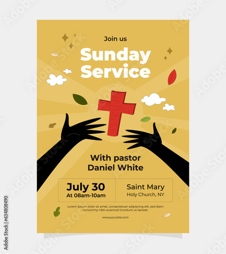 Sunday service church flyer poster design template. Christian Religious invitation suitable for social media invitation, web banner, card, label, cover. Vector illustration.