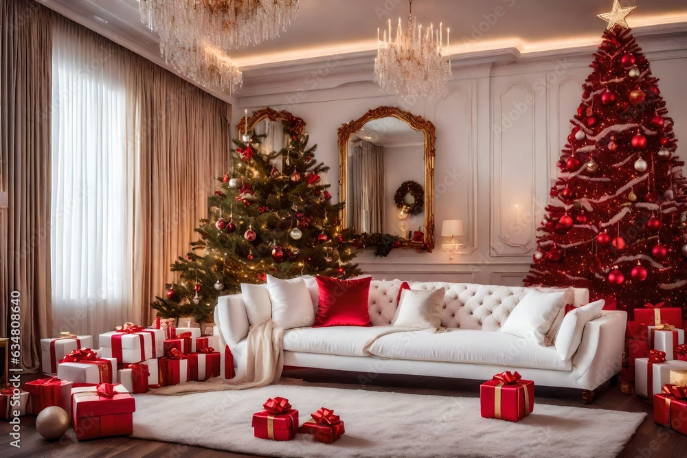 a white luxury bedroom with a sofa and Christmas tree and gifts 
Created using generative AI tools