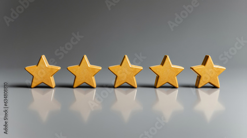 Front view of 5 star shape line up on table with reflection, isolated on gray background. Business Services Concept: Excelling in Customer Experience and Ratings