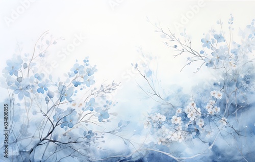 Pastel Indigo Blue Flowers and Branches on a white background © Unique Designs