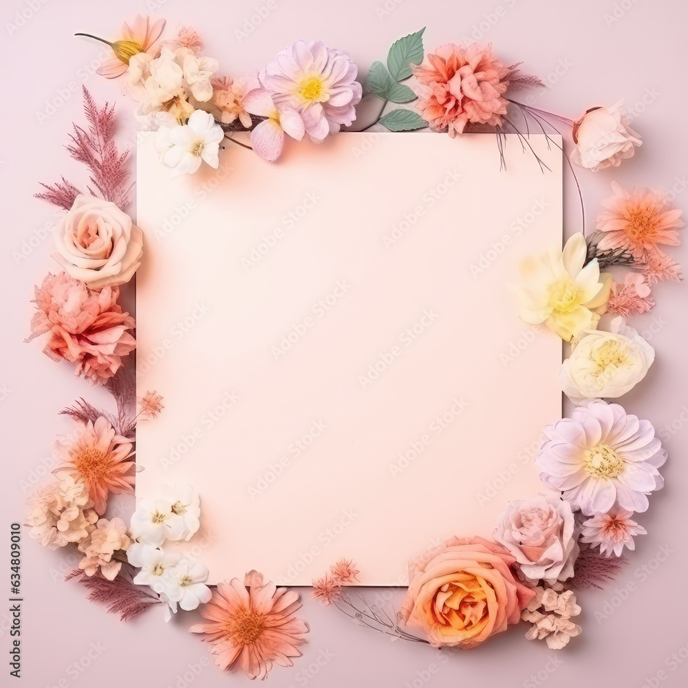 Watercolor flowers and leaves surround empty copy space. Pink blank rectangular card with surrounding flowers. Mockup. Background for publications and presentations