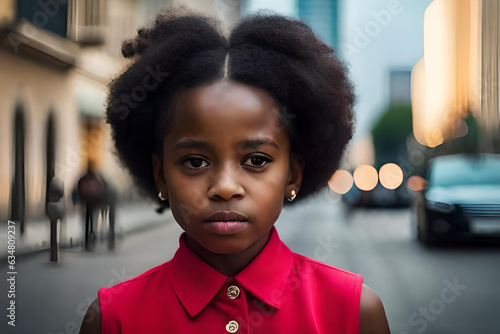 african little girl modernly dressed on a street in an african city. Generative AI