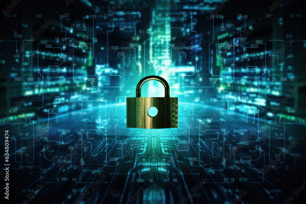 Glowing Blue Technology Lock, Cyber Security and Internet Surveillance Protection, Generative AI Glowing Blue Technology Lock, Cyber Security and Internet Surveillance Protection, Generative AI